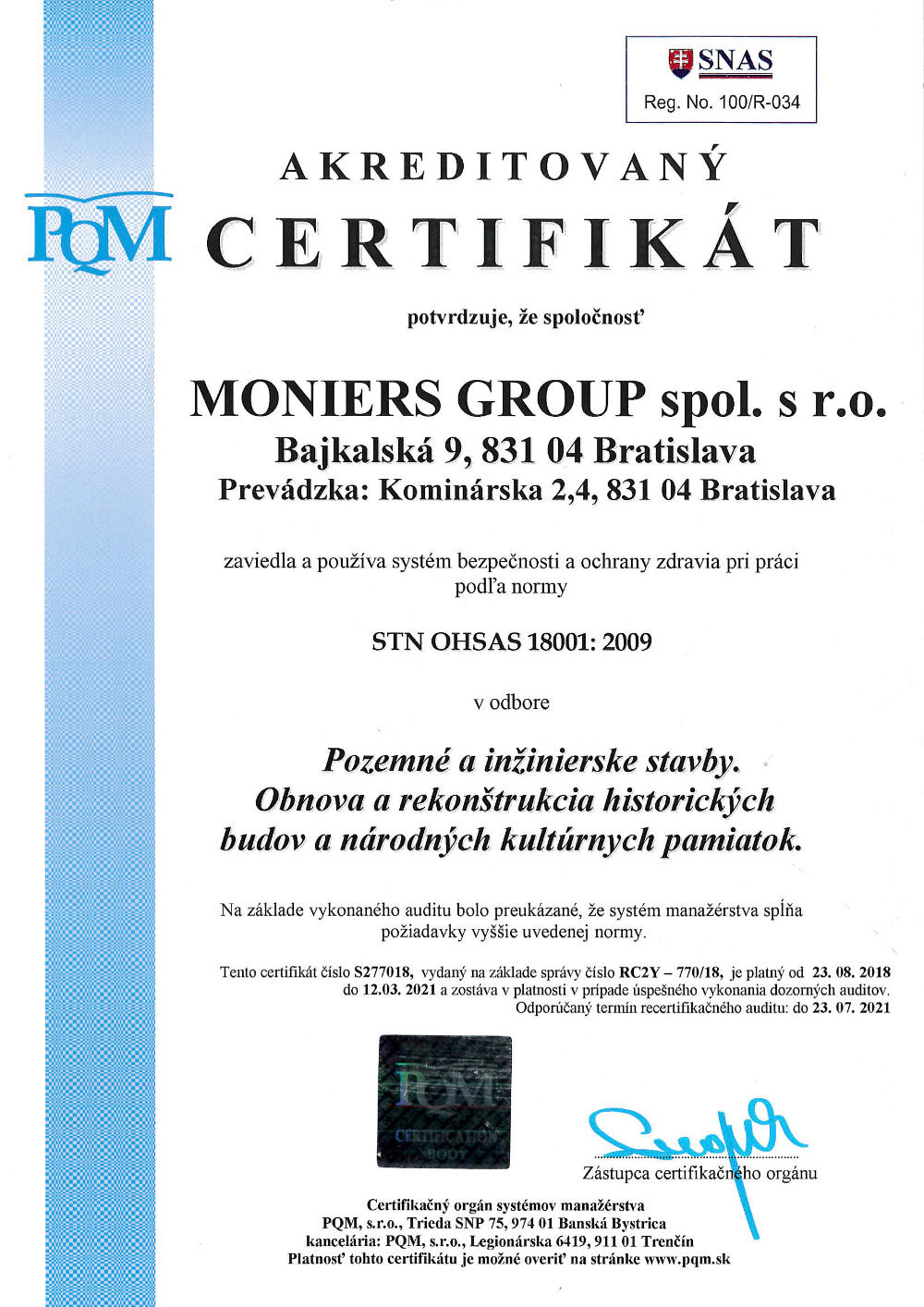 Certifikát STN OHSAS 18001